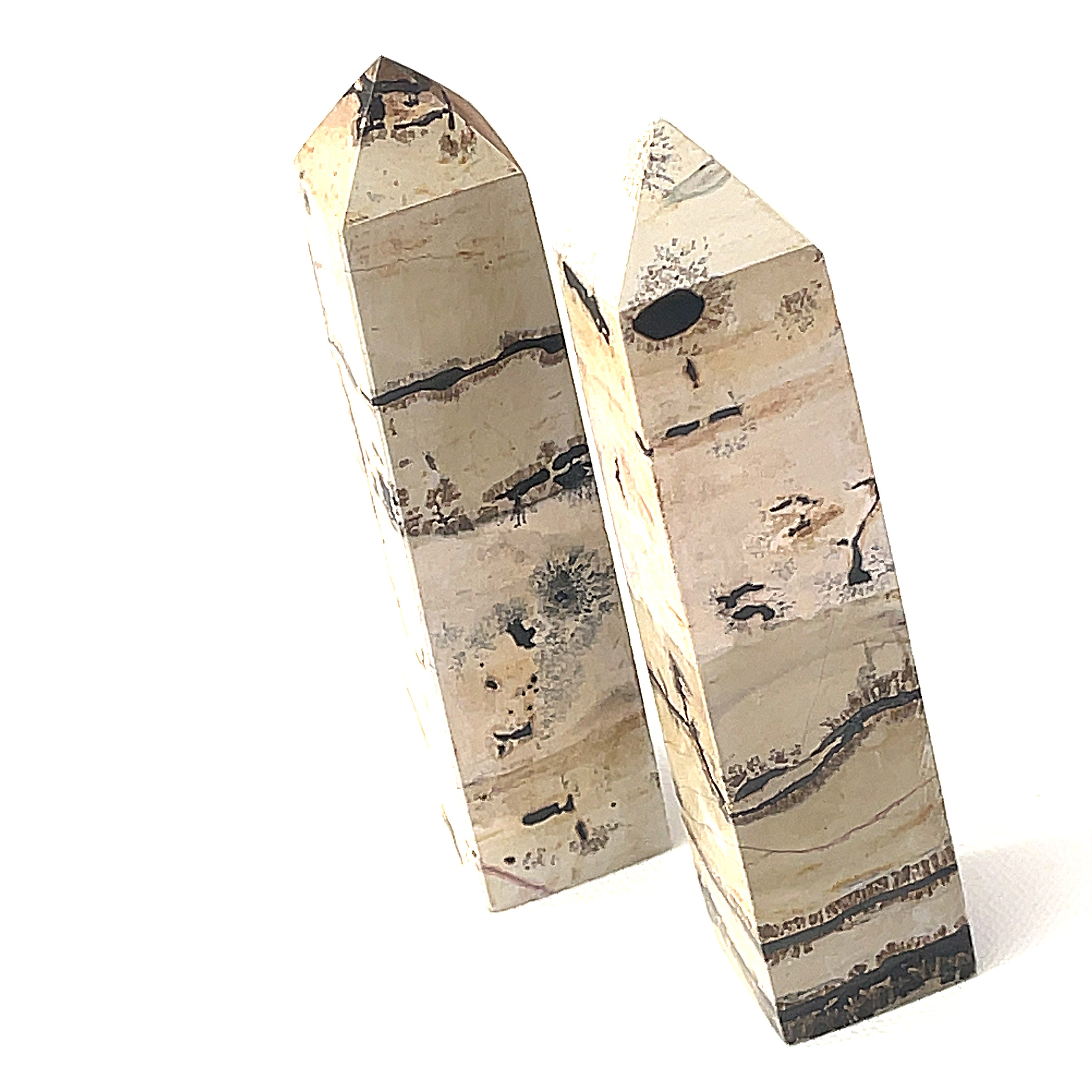 A collection of two Picture Jasper gemstone towers arranged in a row, displaying color and pattern variations on a white background, front view. 