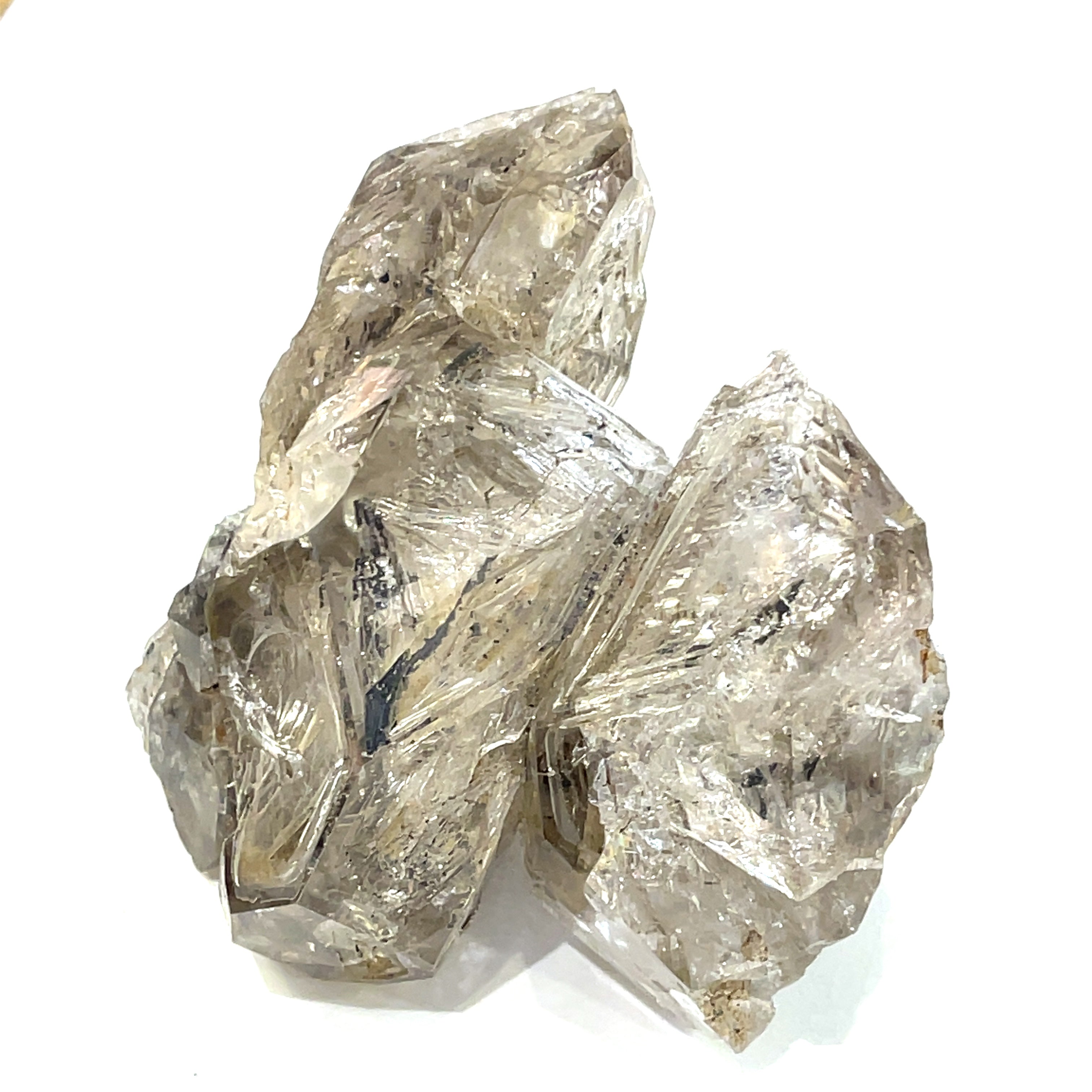 A  collector piece raw Herkimer diamond gemstone displayed on a white background, front, overview.