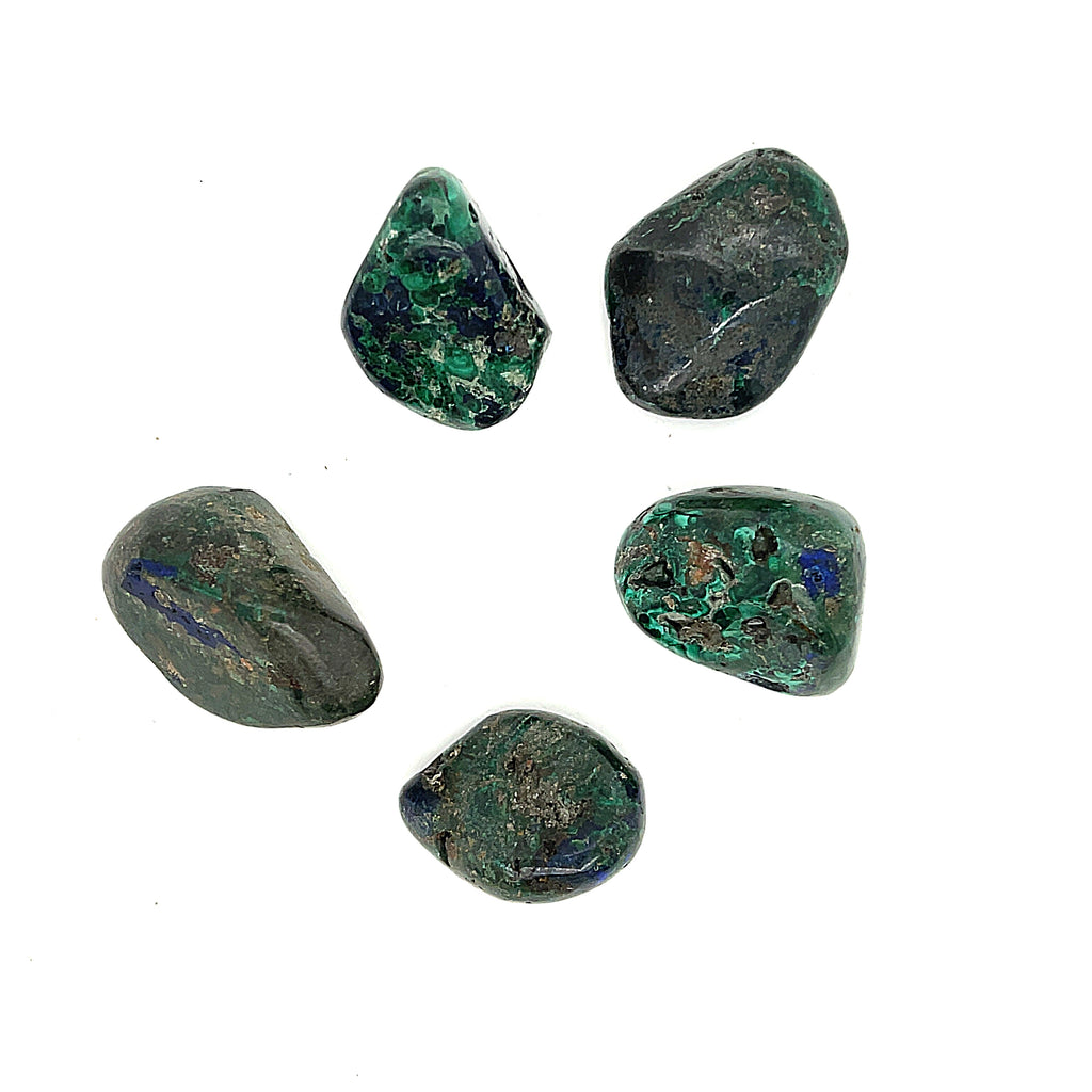 A few tumbled Azurite gemstone with visible Malachite inclusions on a white background, front overview.