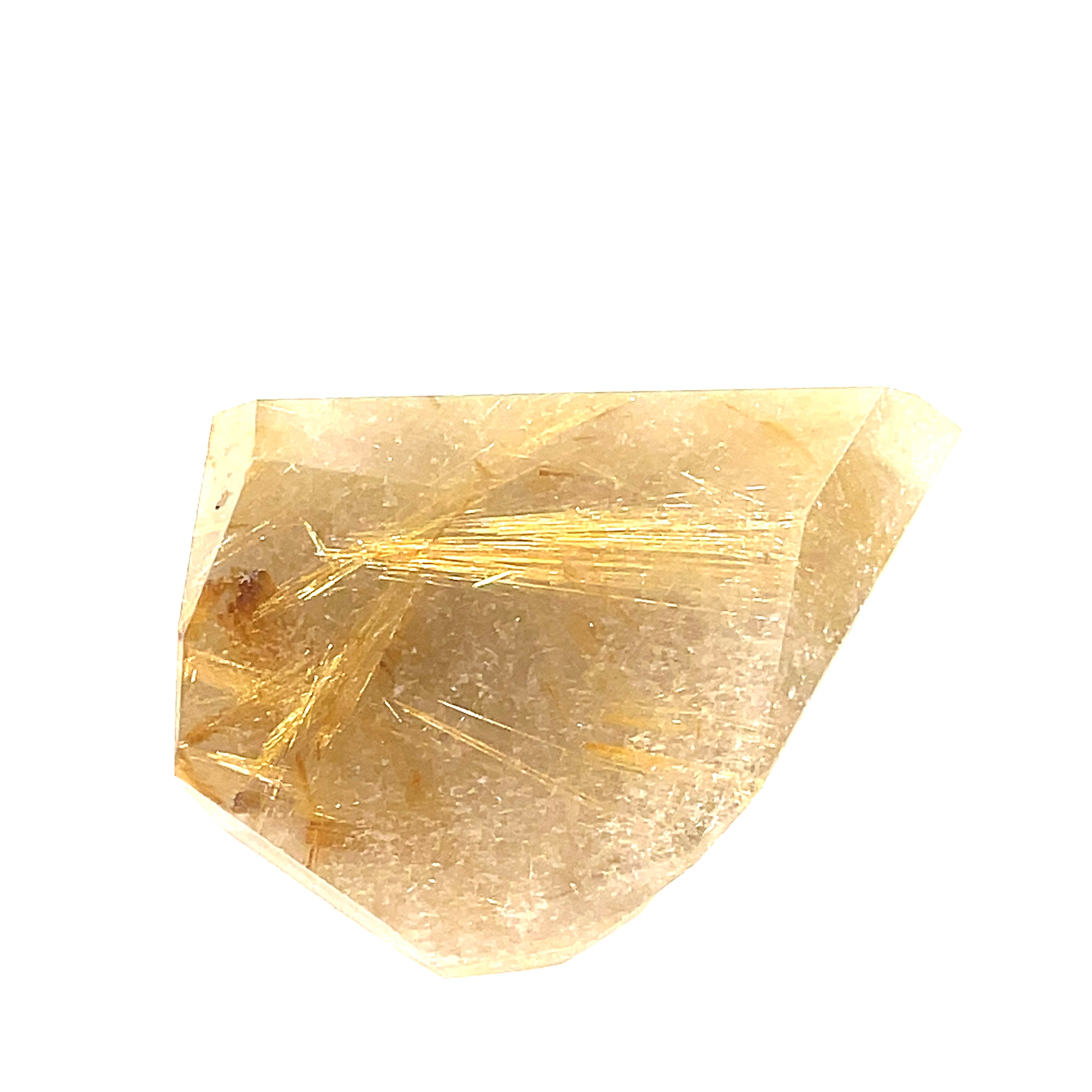  A free-form Rutilated Quartz gemstone on a white background, front overview.