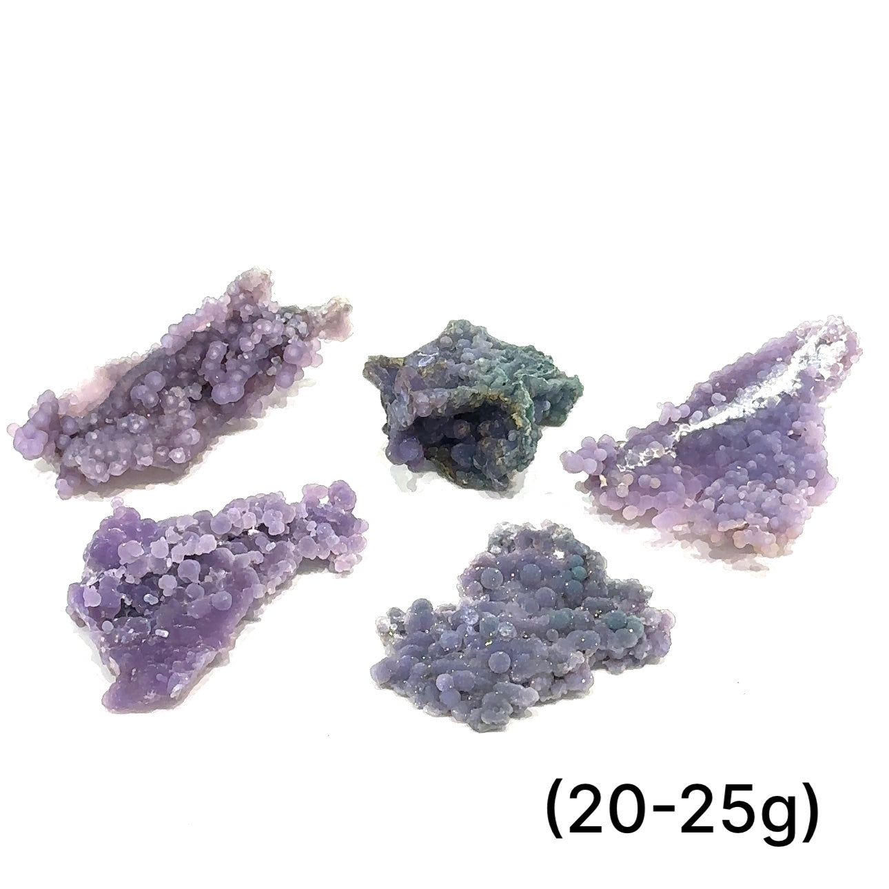 A group of (20-25g) grape agate gemstone  on a white background, front close up overview. 