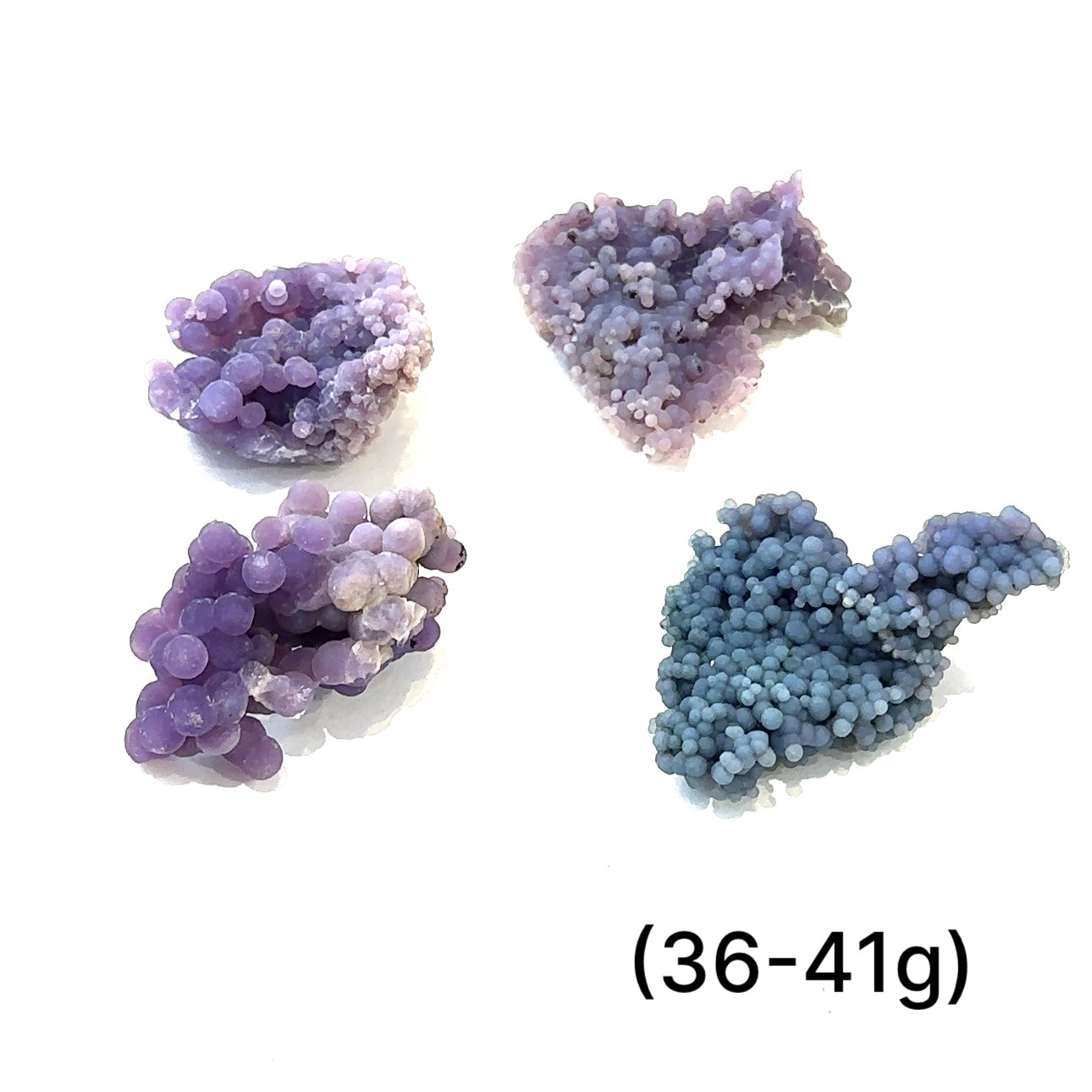 A group of (36-41g) grape agate gemstone  on a white background, front close up overview. 
