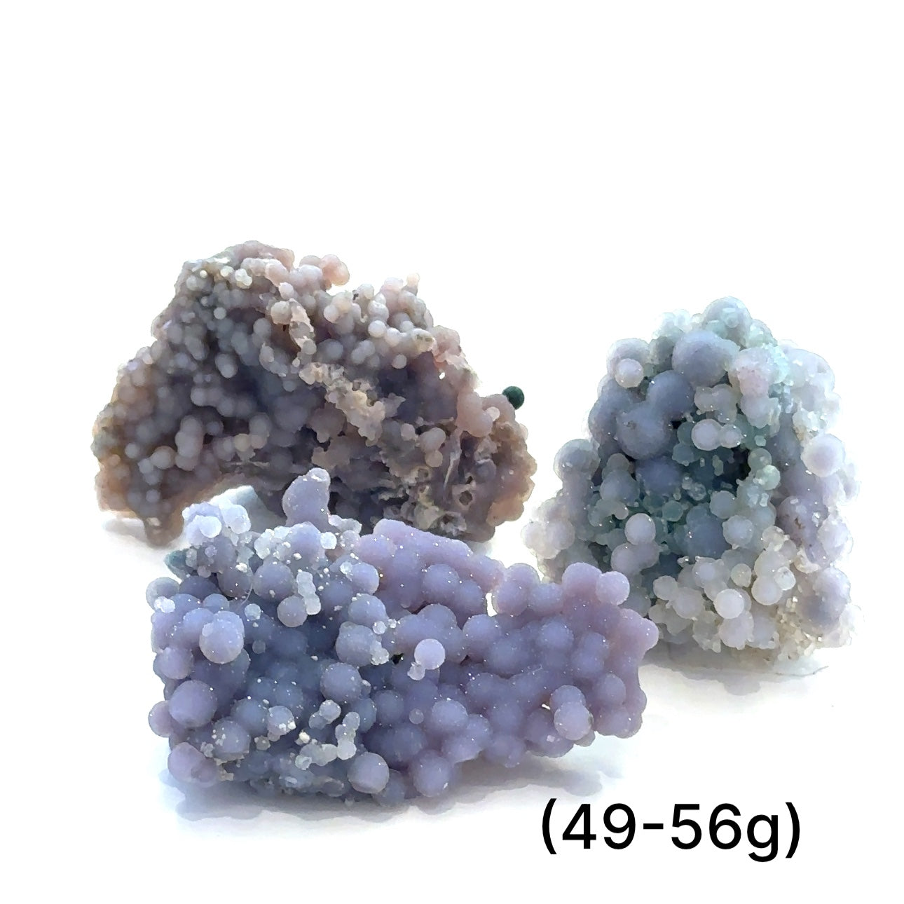 A group of (49-56g) grape agate gemstone  on a white background, front close up overview. 