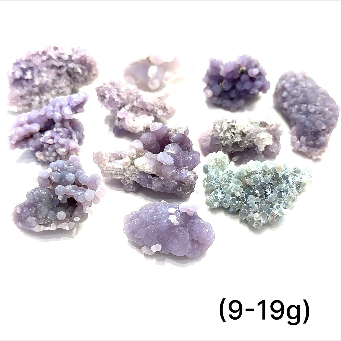 A group of (9-19g) grape agate gemstone  on a white background, front close up overview. 