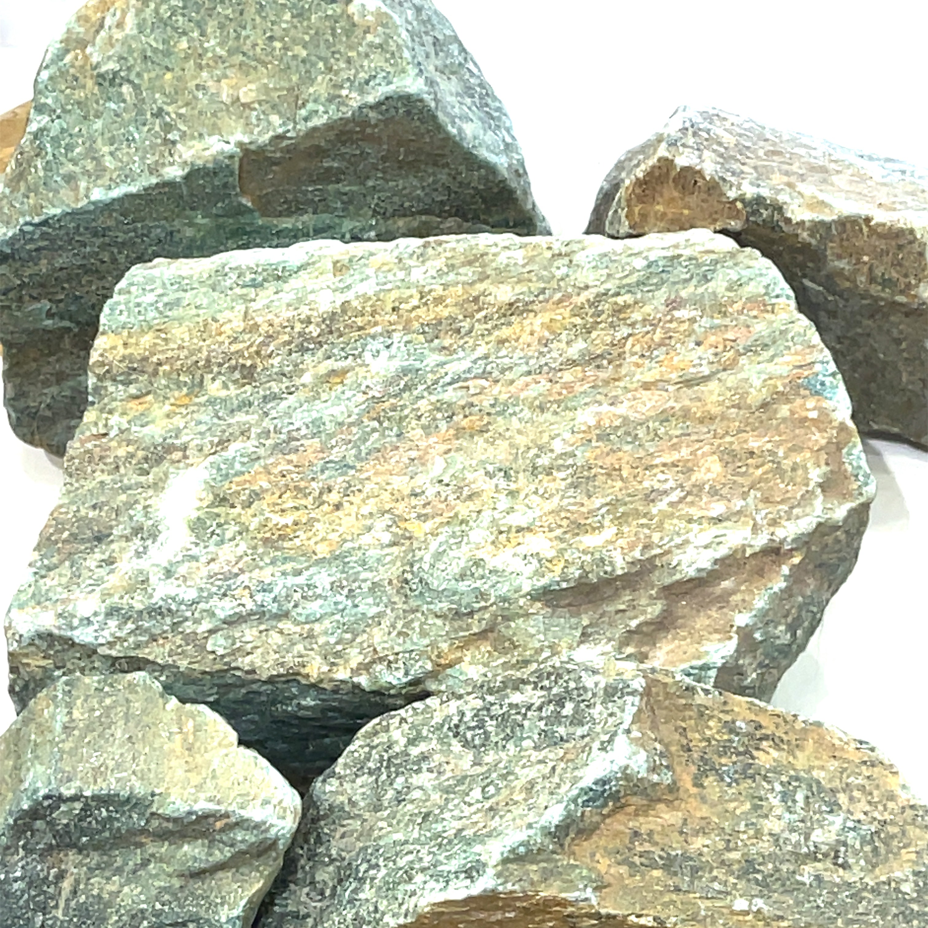A group of Bloodstone Raw used in meditation for grounding and energy balance on s white background and front overview. 
