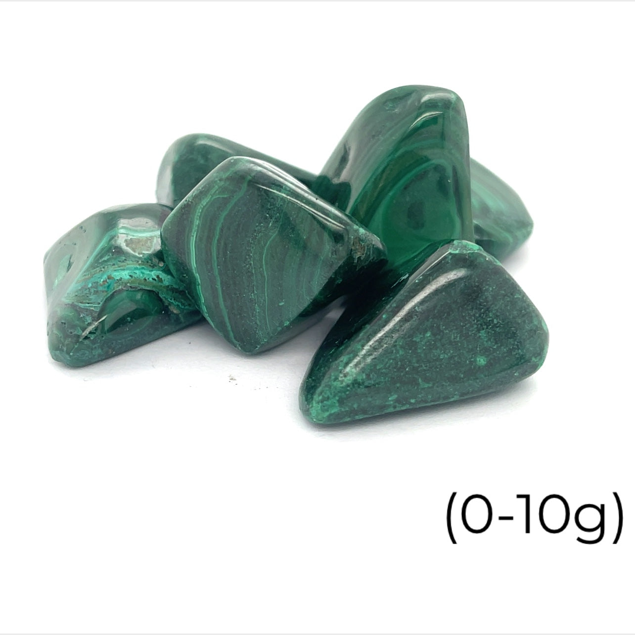 A group of Malachite tumbled (0-10g) gemstone  on a white background, front view.