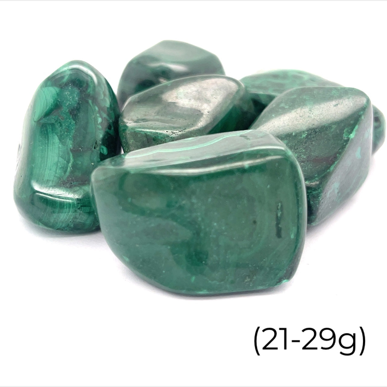 A group of Malachite tumbled (21-29g) gemstone  on a white background, front view.