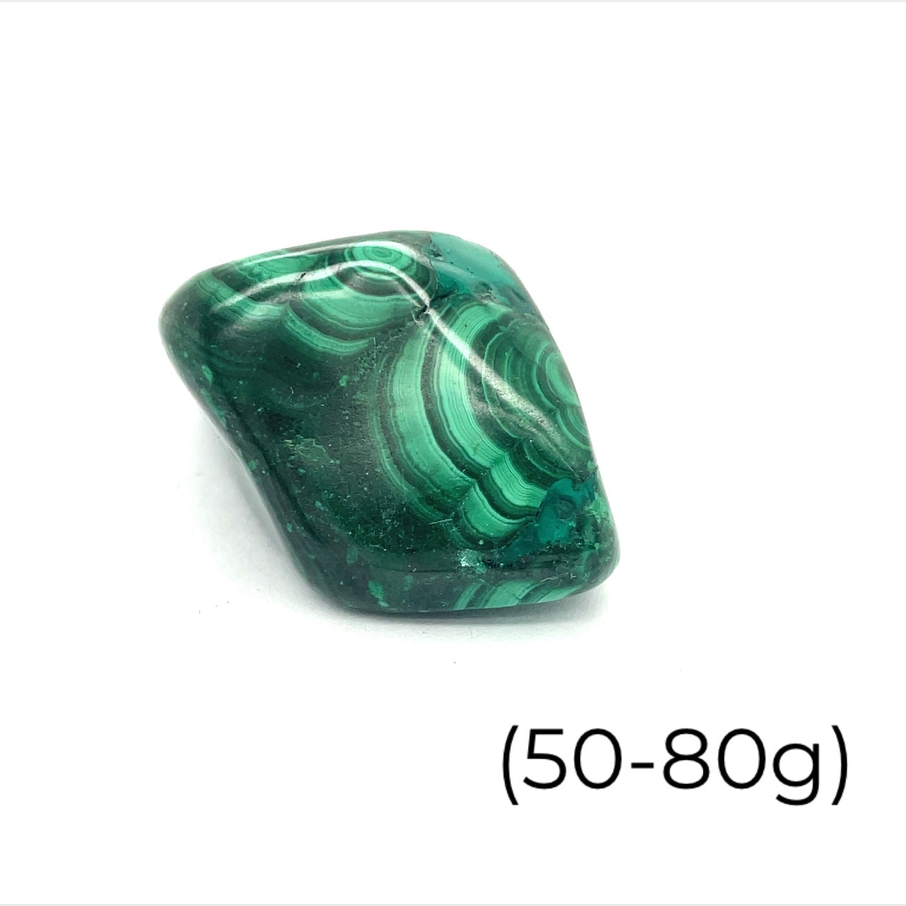 A group of Malachite tumbled (50-80g) gemstone  on a white background, front view.