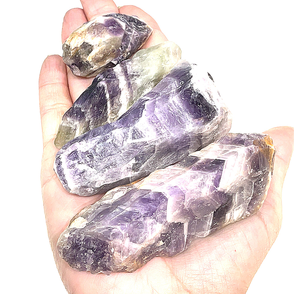 A group of different  size raw Amethyst or Prasiolite gemstones on a white background, on a models palm, front overview.