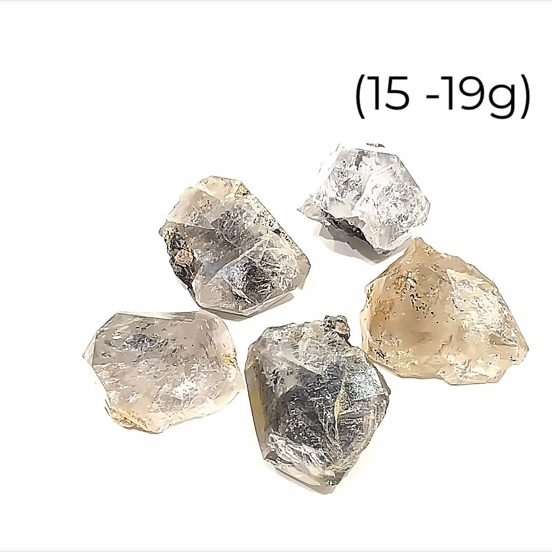 A group of raw Herkimer diamond gemstone (15-19g) displayed on a white background, front, overview. 