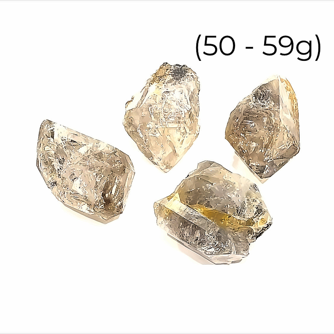 A group of raw Herkimer diamond gemstone (50-59g) displayed on a white background, front, overview. 