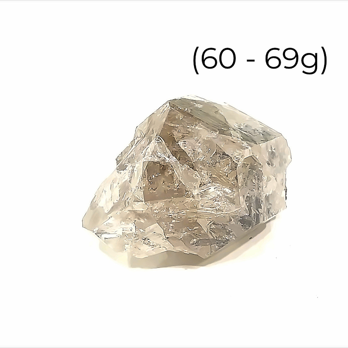 A  group of raw Herkimer diamond gemstone (60-69g) displayed on a white background, front, overview.
