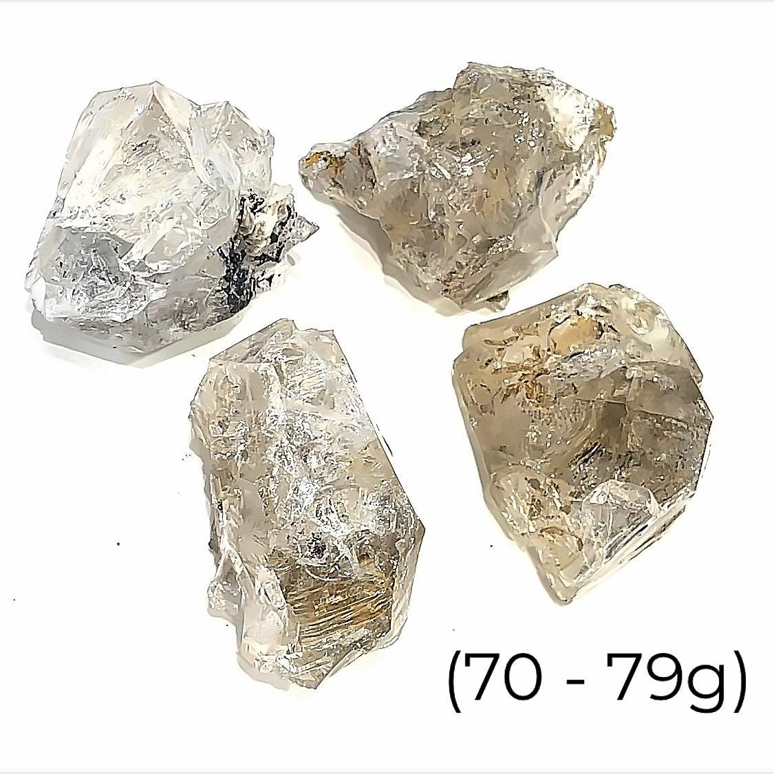 A group of raw Herkimer diamond gemstone (70-79g) displayed on a white background, front, overview. 