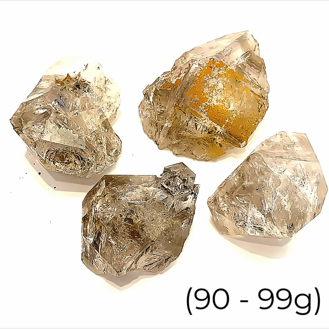A group of raw Herkimer diamond gemstone (90-99g) displayed on a white background, front, overview. 