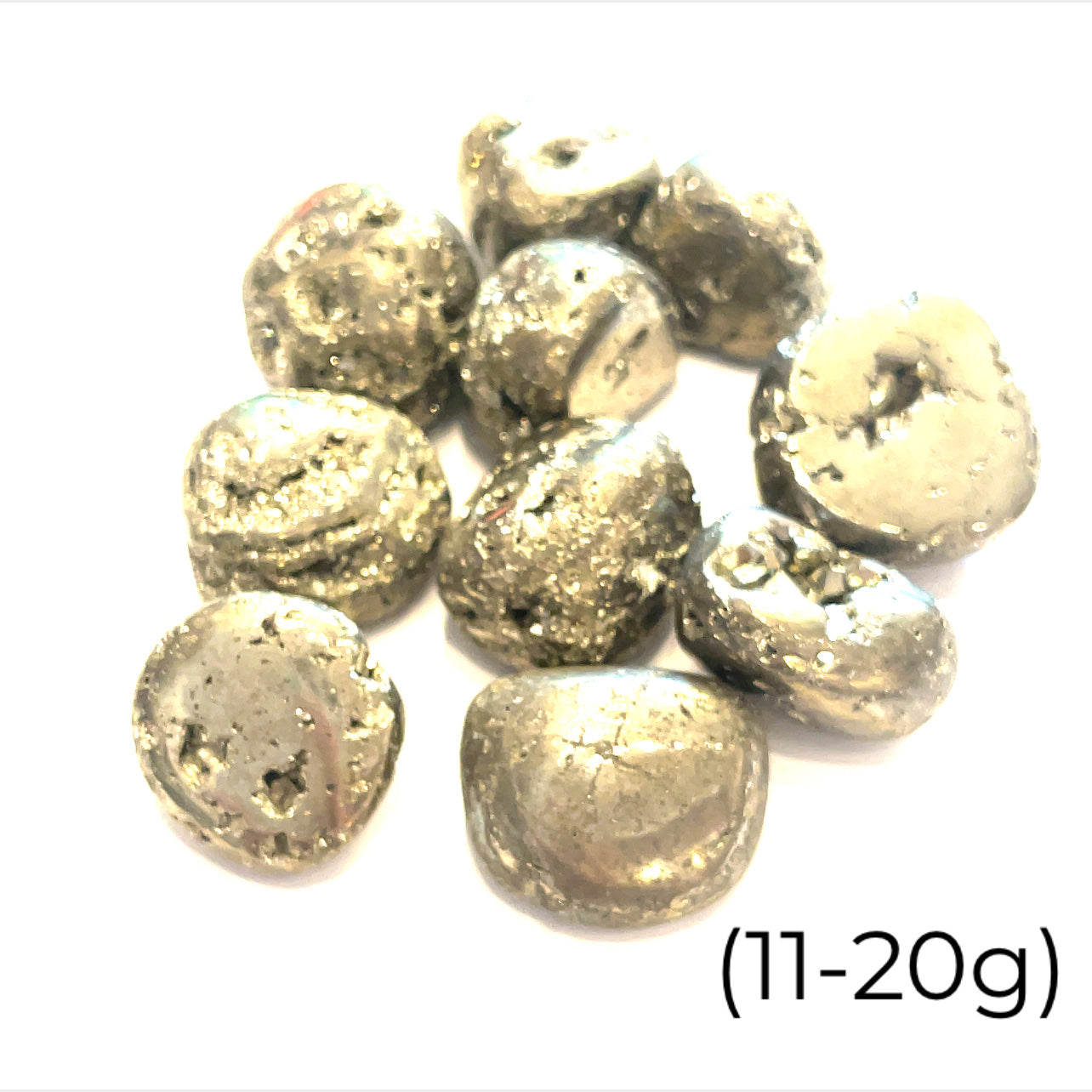 A group of tumbled Pyrite gemstones with a label indicating their weight range of 11-20 grams on a white background, front overview. 