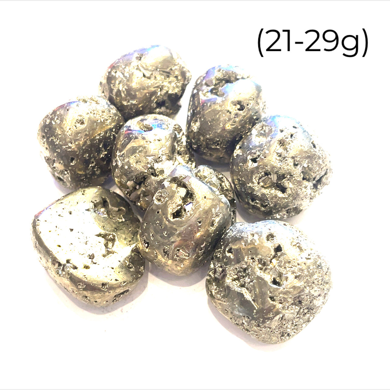 A group of tumbled Pyrite gemstones with a label indicating their weight range of 21-29 grams on a white background, front overview. 