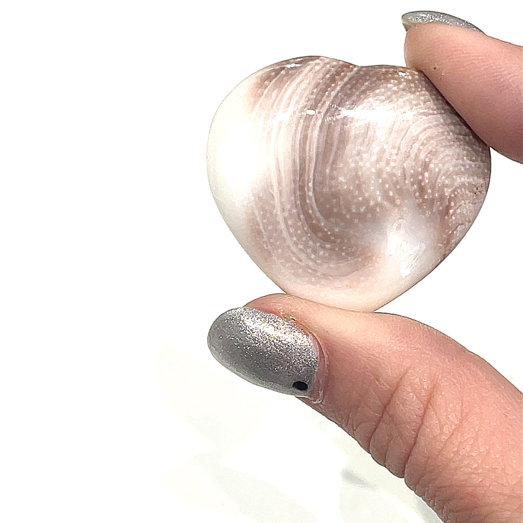 A hand holding a white Shiva shell gemstone heart-shaped crystal, on a white background, back view.