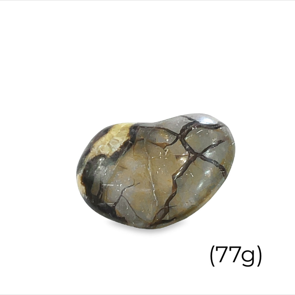 A heart-shaped Septarian Nodule gemstones against a white background, front view (77g)