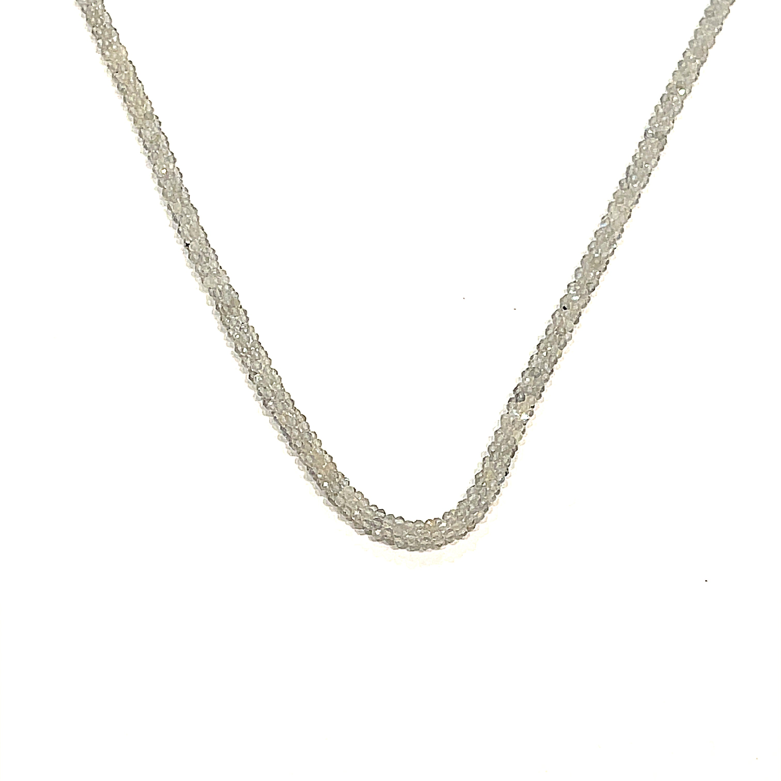A labradorite gemstone crocheted necklace with a sterling silver toggle. Displayed on a white background, center hanging overview. 