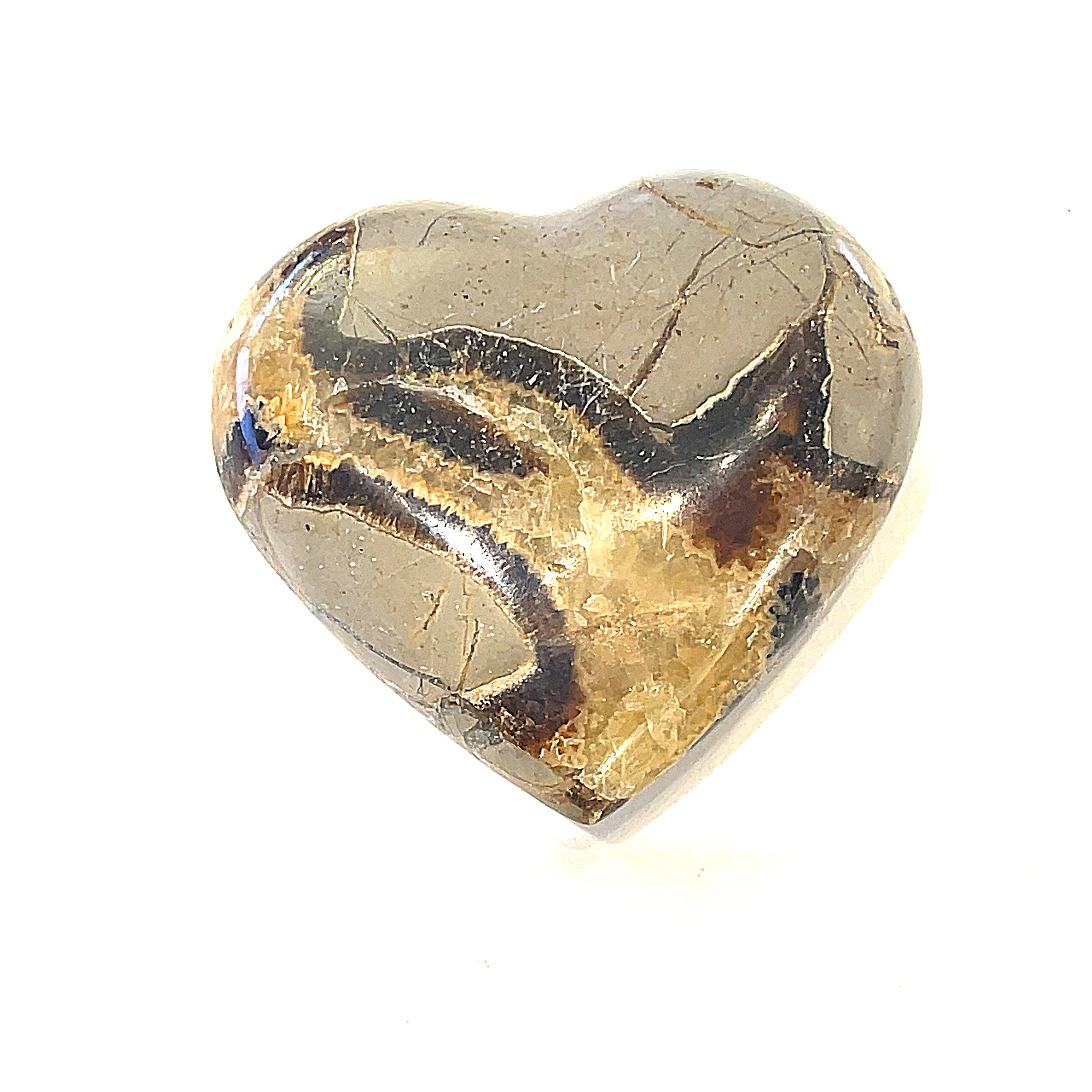 A larger heart-shaped Septarian Nodule gemstones against a white background, front view.