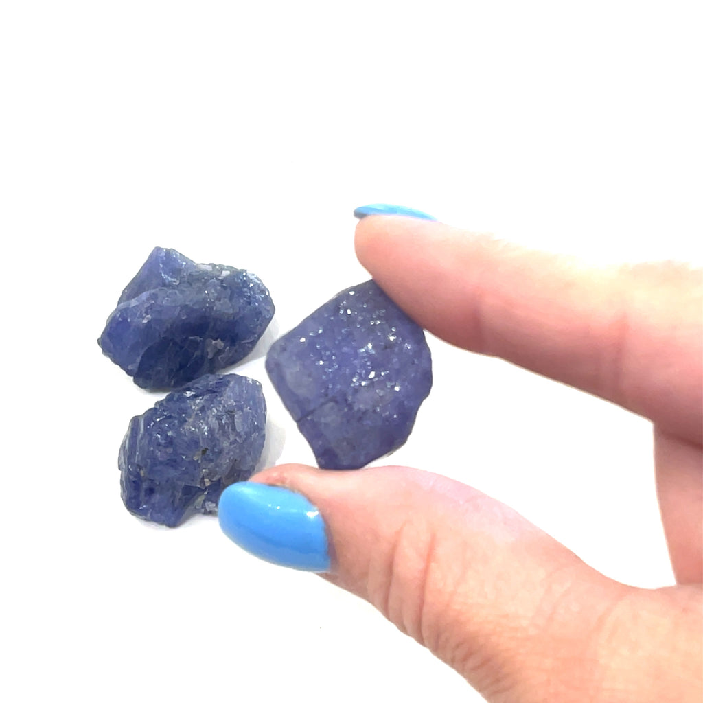 A model's hand holding a raw Tanzanite gemstone, with a focus on its deep blue color, on a white background, front view.