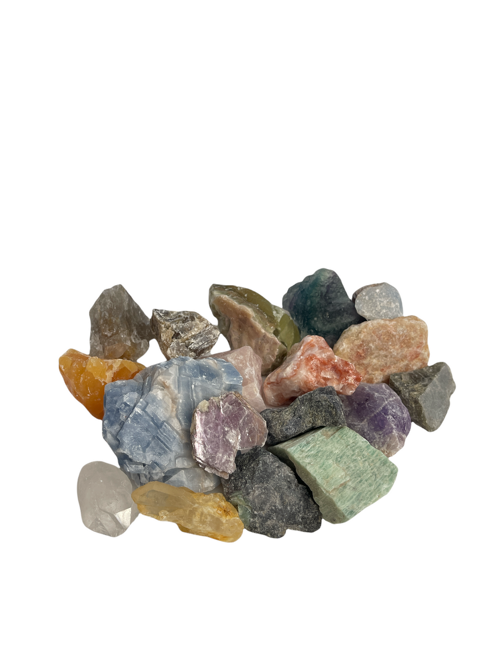 A pile of assorted raw gemstones including rose quartz, amethyst, and citrine on s white background, front, close-up overview. 