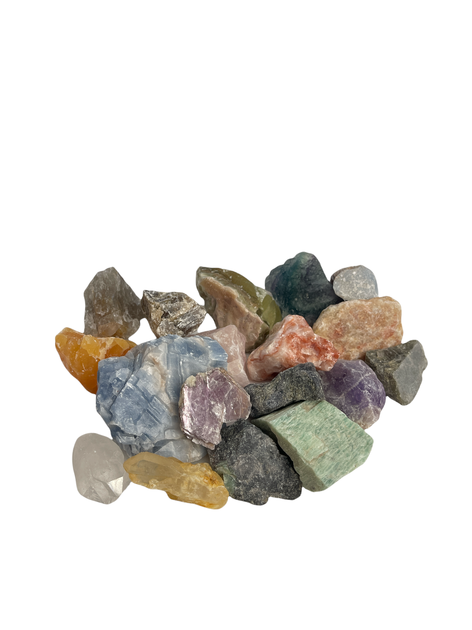 A pile of assorted raw gemstones including rose quartz, amethyst, and citrine on s white background, front, close-up overview. 