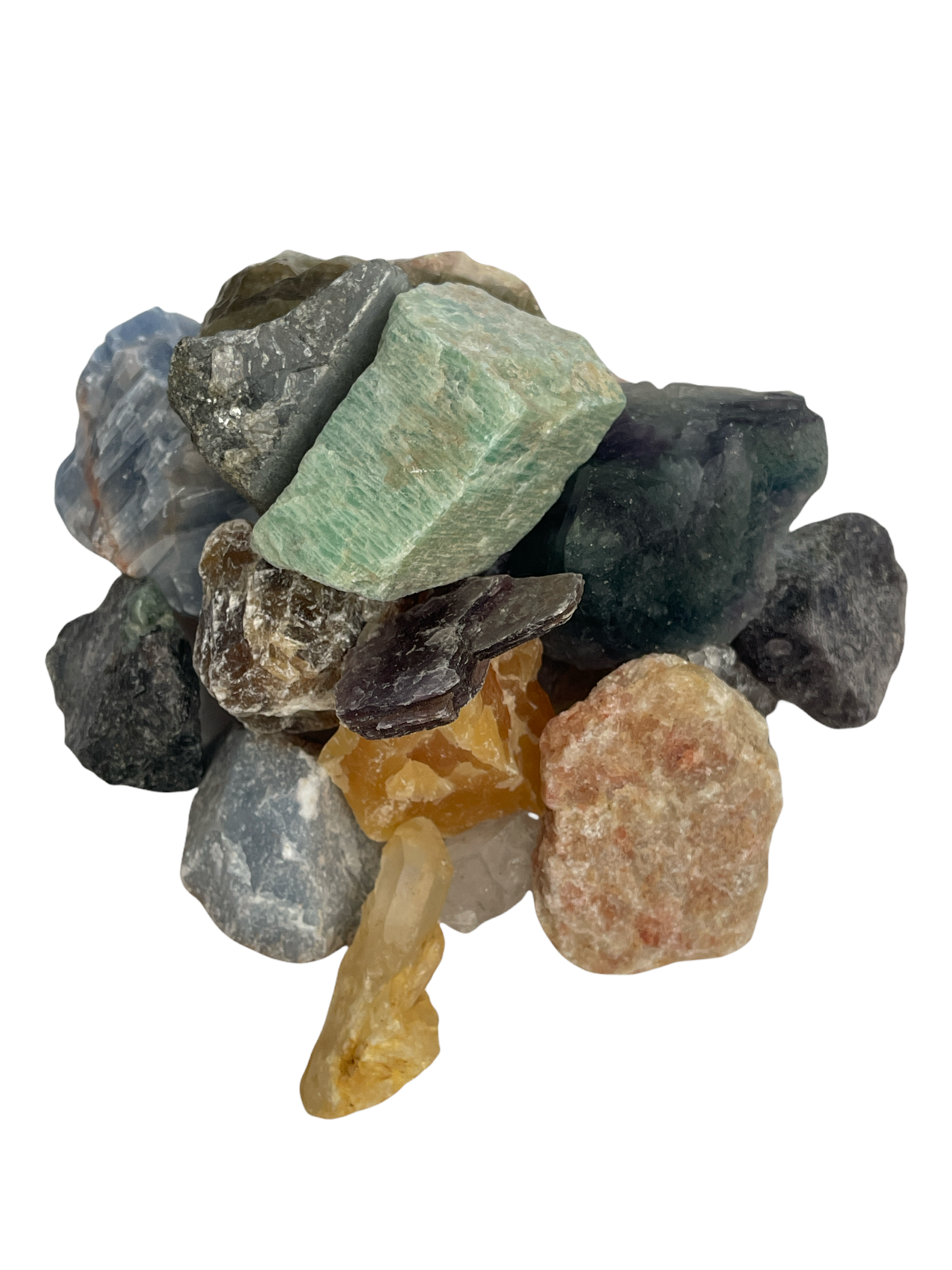 A pile of assorted raw gemstones including rose quartz, amethyst, and citrine on s white background, front, overview. 
