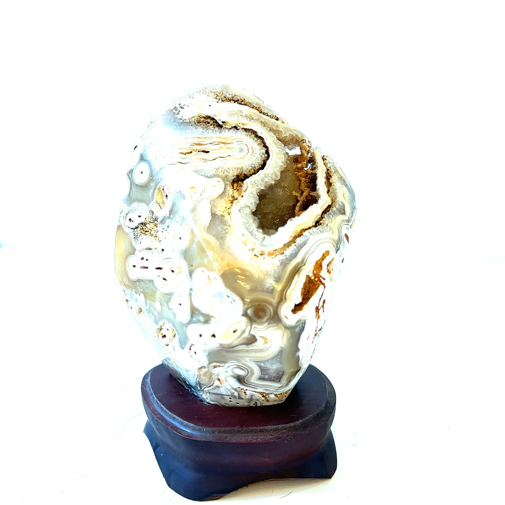 A polished agate geode gemstone collector piece is displayed on a wooden stand, showcasing its intricate patterns and colors on a white background, front overview.