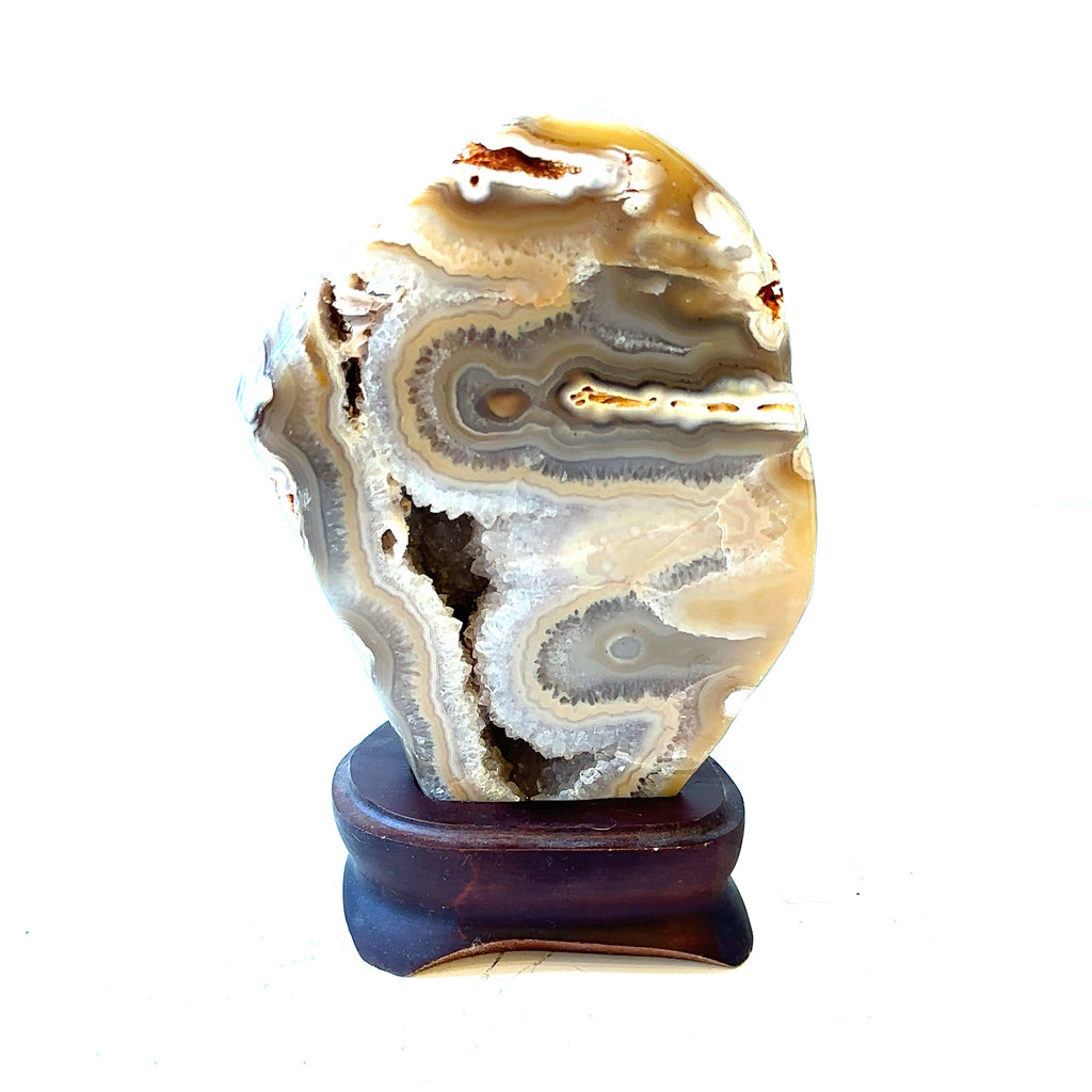A polished agate geode gemstone collector piece is displayed on a wooden stand, showcasing its intricate patterns and colors on a white background, front view