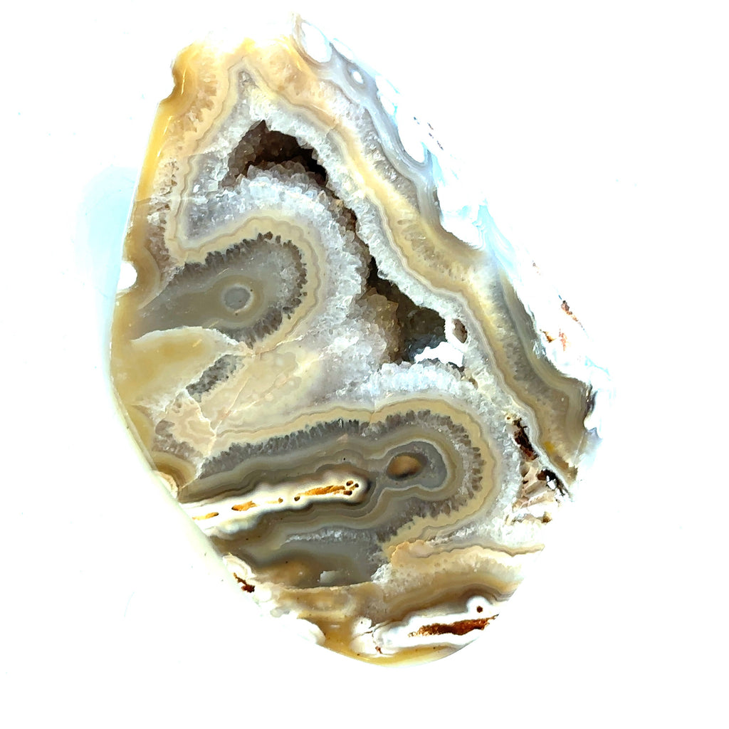 A polished agate geode gemstone collector piece is displayed on a wooden stand, showcasing its intricate patterns and colors on a white background, overview