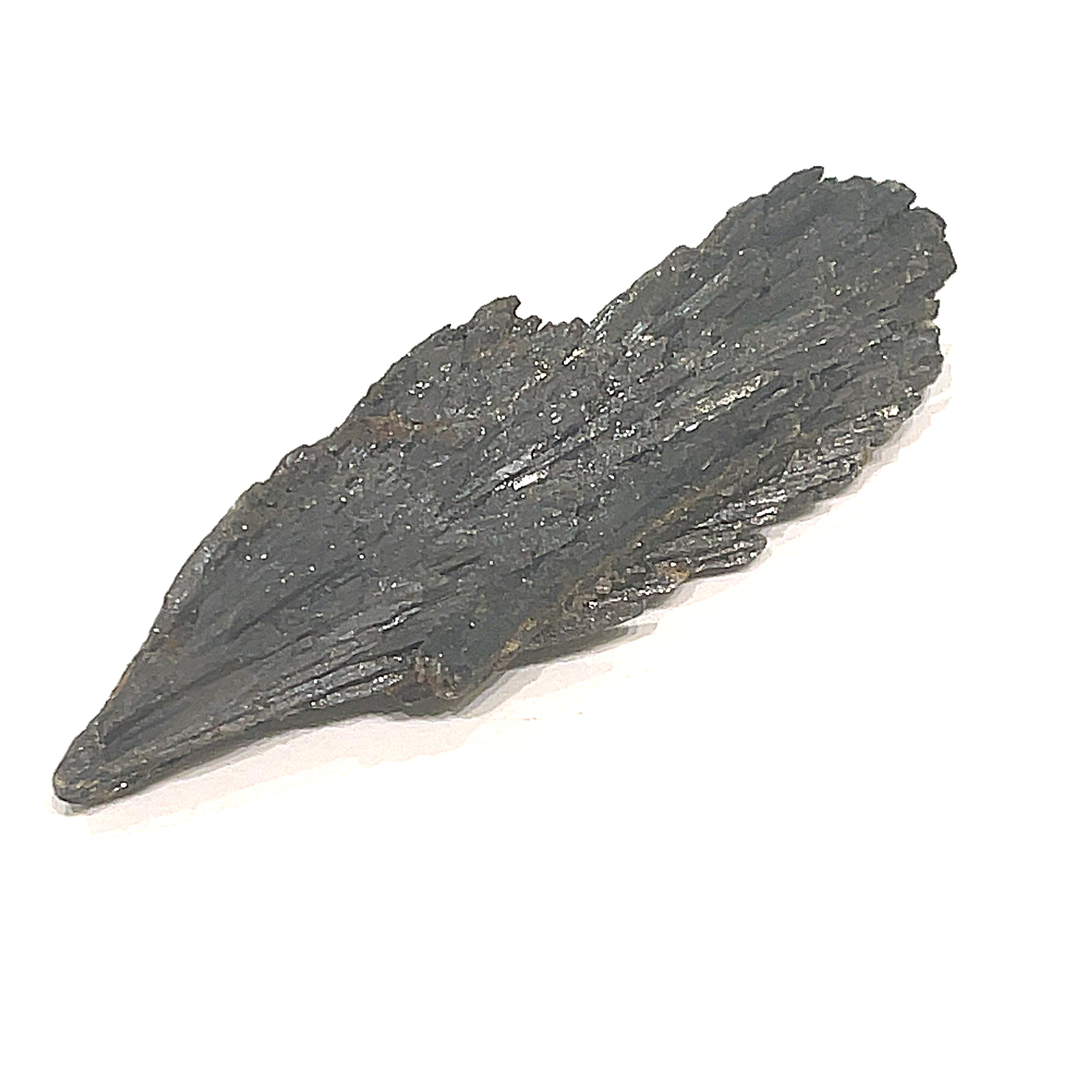 A raw Black Kyanite gemstone with a rough, jagged surface on a white background, front overview.