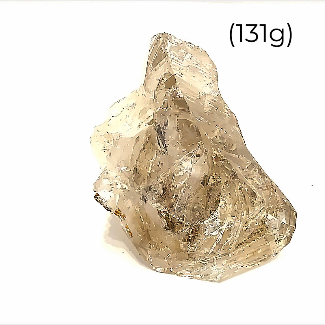 A  raw Herkimer diamond gemstone (131g) displayed on a white background, front, overview. 