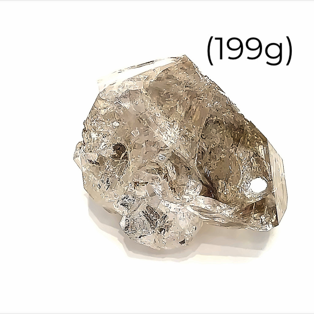 A raw Herkimer diamond gemstone (199g) displayed on a white background, front, overview. 