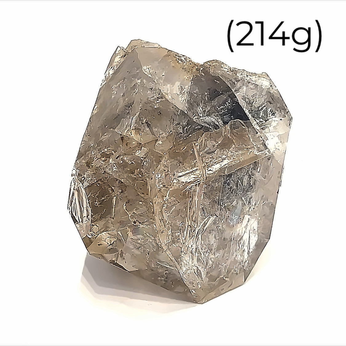 A raw Herkimer diamond gemstone (214g) displayed on a white background, front, overview. 