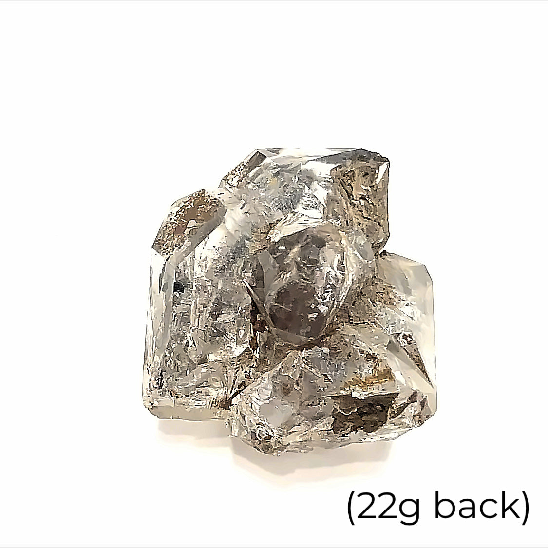 A raw Herkimer diamond gemstone (22g) displayed on a white background, back, overview. 