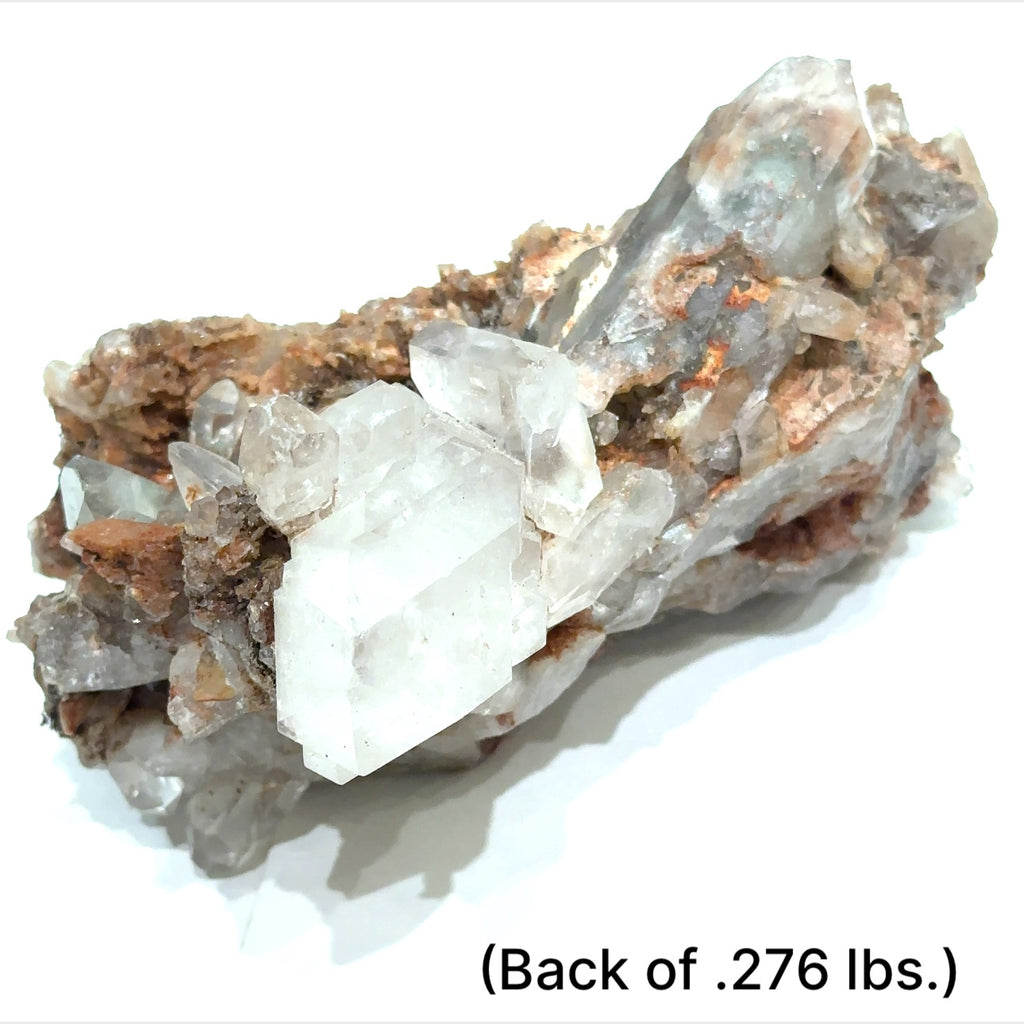 A raw Red Quartz gemstone cluster from Morocco with a rough, crystalline surface and a brownish-red color. The approximate weight range is indicated as .276lbs. on a white background, back view.