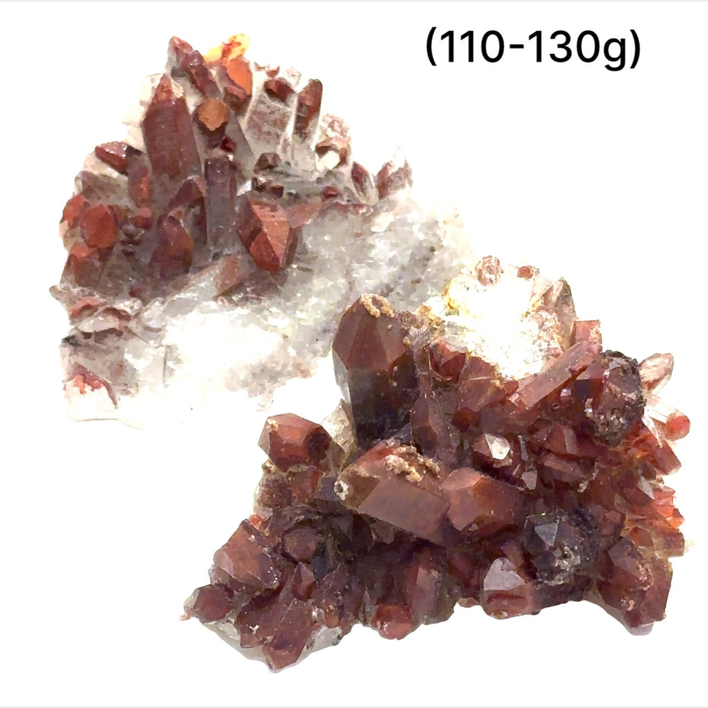 A raw Red Quartz gemstone cluster from Morocco with a rough, crystalline surface and a brownish-red color. The approximate weight range is indicated as 110-130g. on a white background, front view.