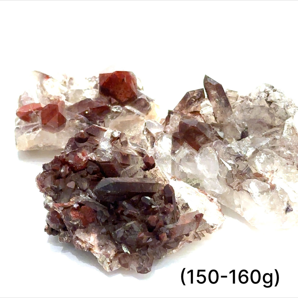 A raw Red Quartz gemstone cluster from Morocco with a rough, crystalline surface and a brownish-red color. The approximate weight range is indicated as 150-160g. on a white background, front view.