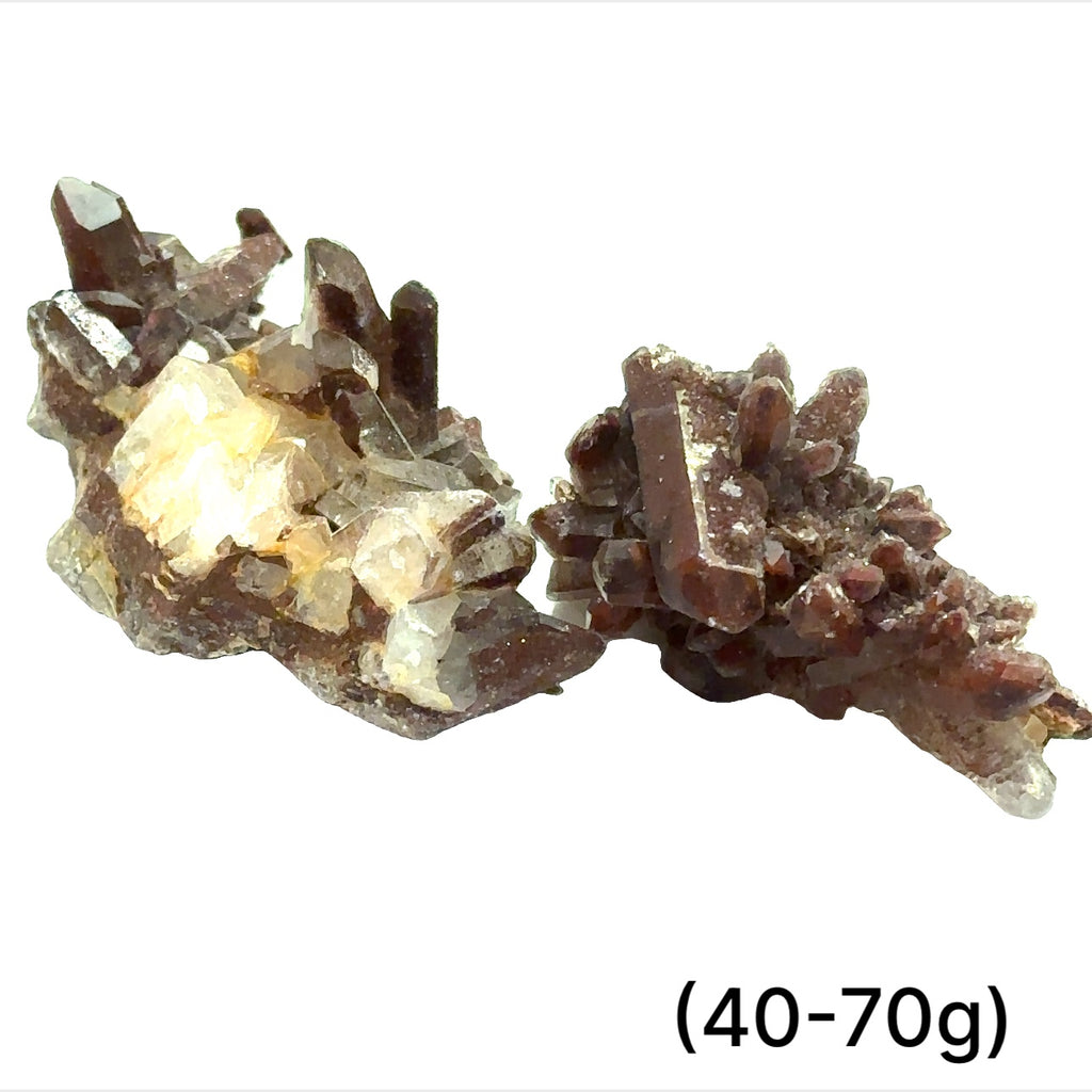 A raw Red Quartz gemstone cluster from Morocco with a rough, crystalline surface and a brownish-red color. The approximate weight range is indicated as 40-70g. on a white background, front view.