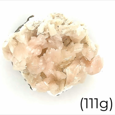 A raw cluster of pink heulandite on mordenite gemstone, with a label indicating its weight as 111 grams on a white background front overview. 