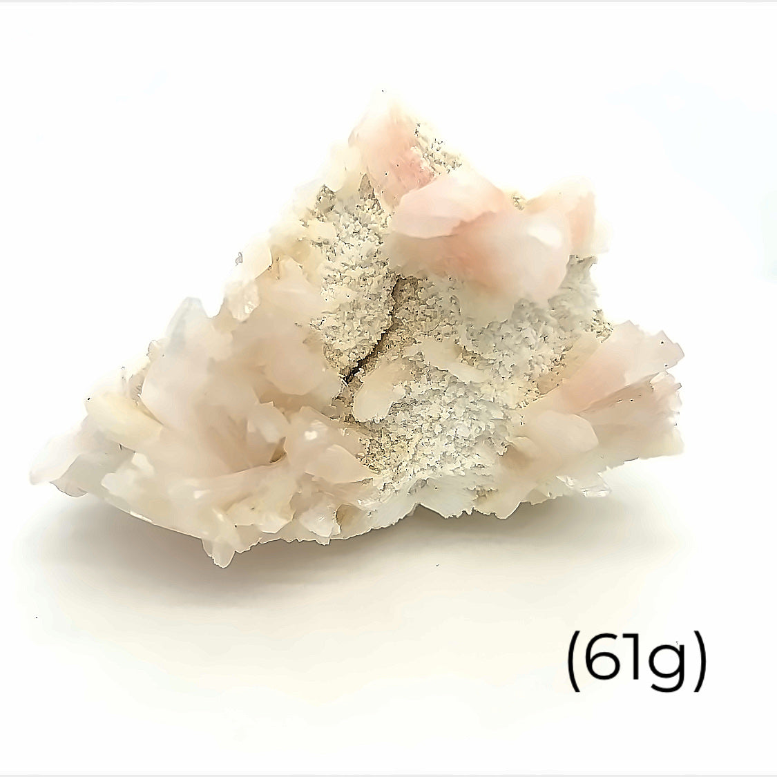 A raw cluster of pink heulandite on mordenite gemstone, with a label indicating its weight as 61 grams on a white background front overview. 
