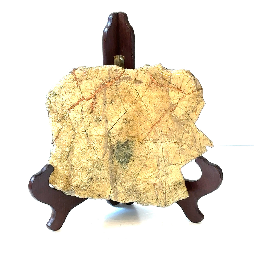 A raw slab gemstone of Copper in Matrix displayed on a wooden stand, with a polyurethane coating on one side, on a white background, and in a front view.