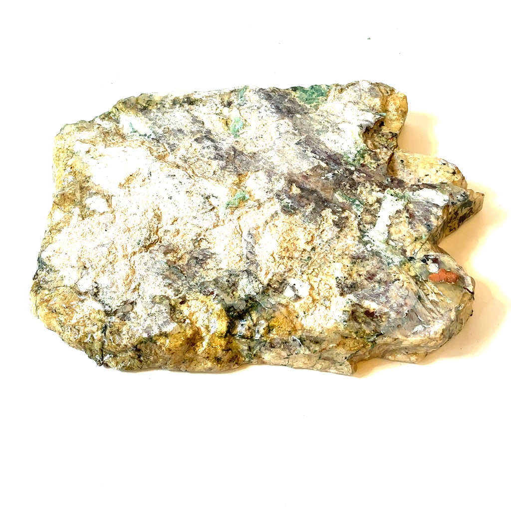 A raw slab gemstone of Copper in Matrix, with a polyurethane coating on one side, on a white background, and in a back flat overview.