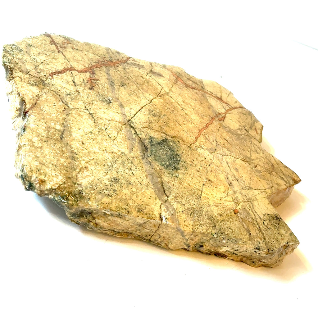 A raw slab gemstone of Copper in Matrix, with a polyurethane coating on one side, on a white background, and in a front flat left angle overview.