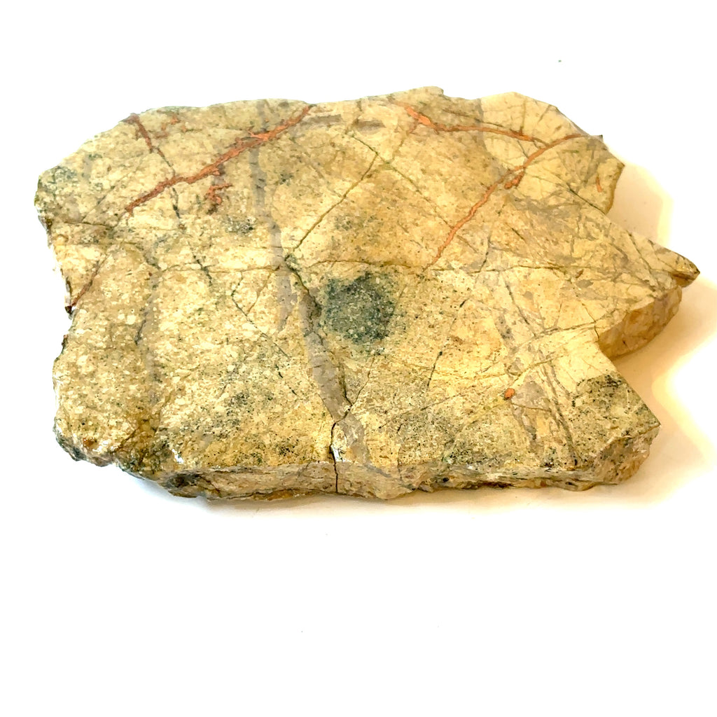 A raw slab gemstone of Copper in Matrix, with a polyurethane coating on one side, on a white background, and in a front flat overview.