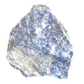 A raw sodalite gemstone with a rough, textured surface predominantly in shades of blue and gray on a white background, front view. 