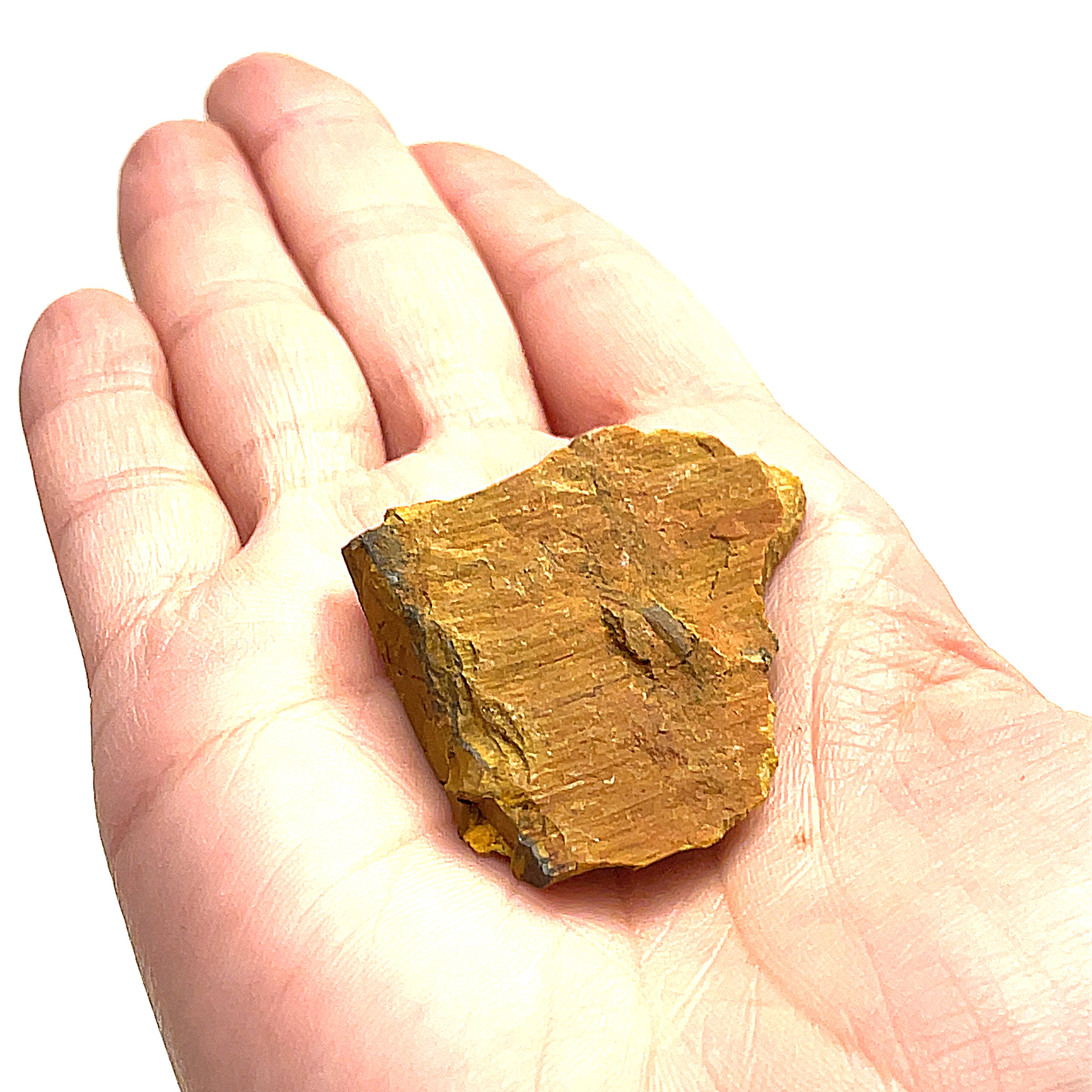 A small pieces of raw golden tiger eye gemstones is displayed in a models finger tips, on a white background, in a front overview. 