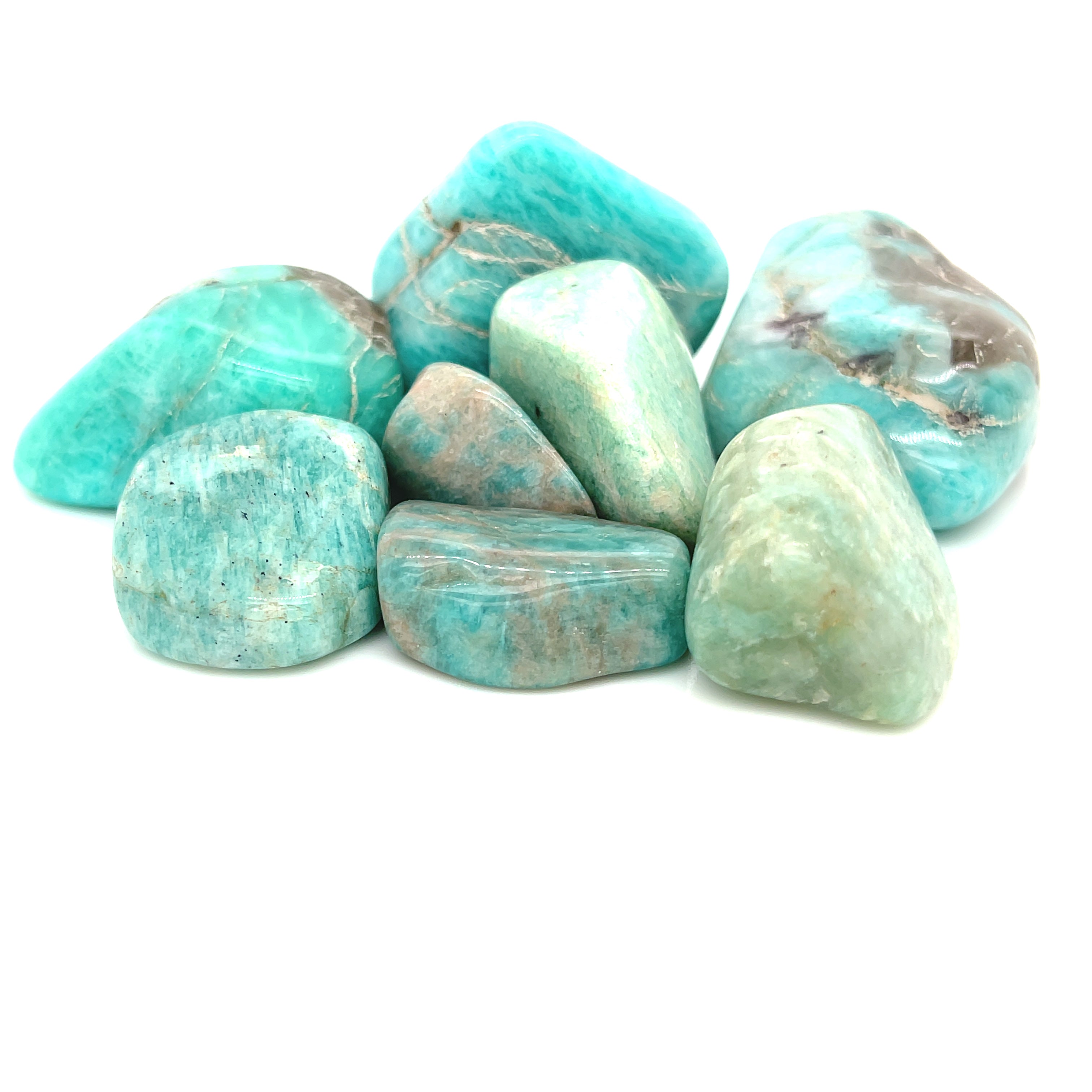 A smaller collection of Amazonite gemstone tumbles, front close up overview.  