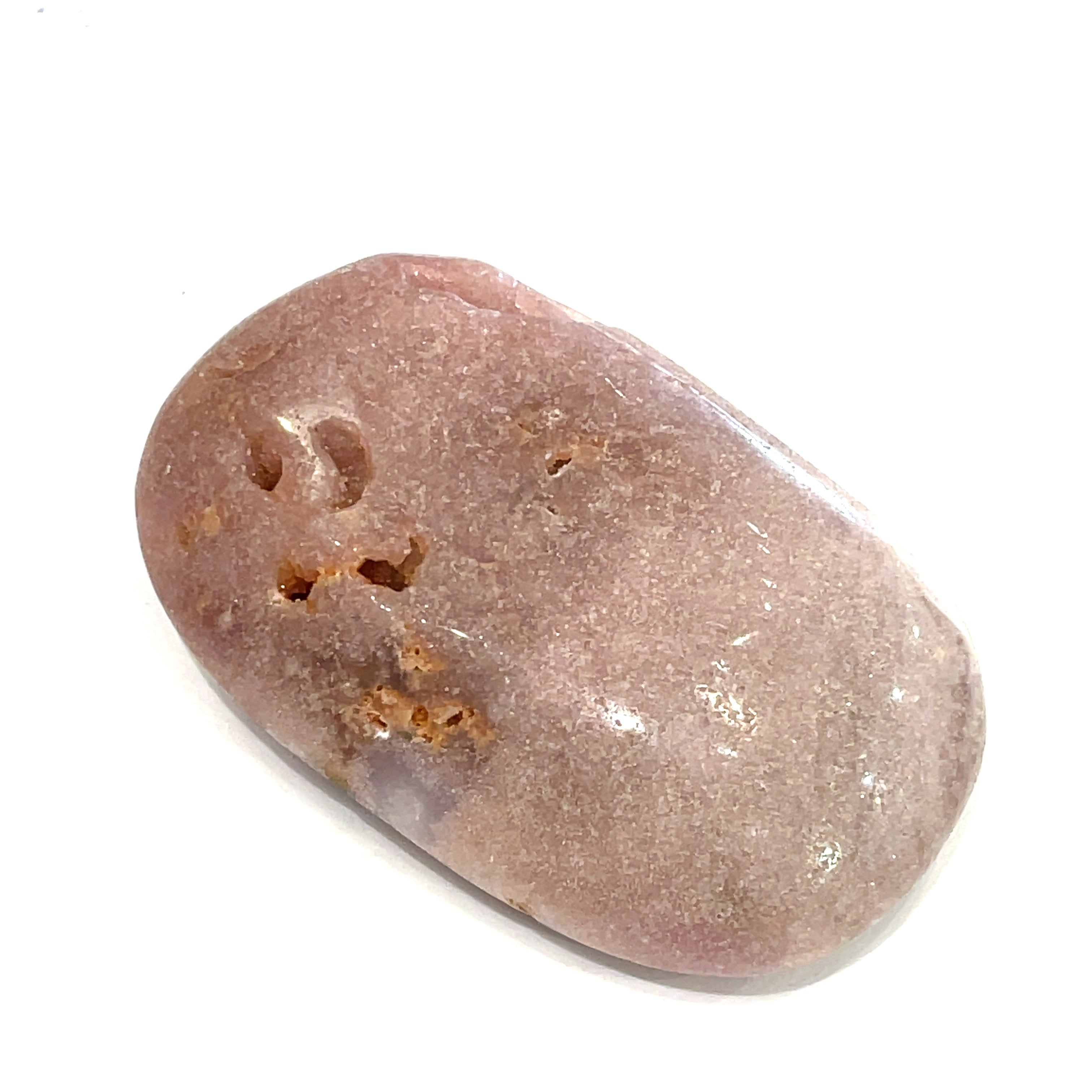A smooth, polished Pink Amethyst gemstone with a rounded shape, displaying its natural purple color on a white background front overview. 